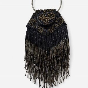 Vintage Beaded Fringe Evening Bag Black Gold Floral Rhinestone Ring Handle Purse